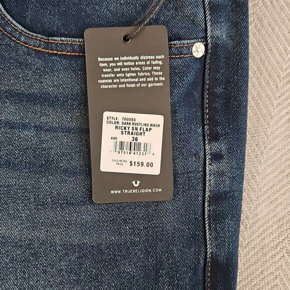 True Religion Ricky Jeans Men's 36 x 33 1/2 Relaxed Straight Blue Denim NWT Flap - Picture 6 of 16